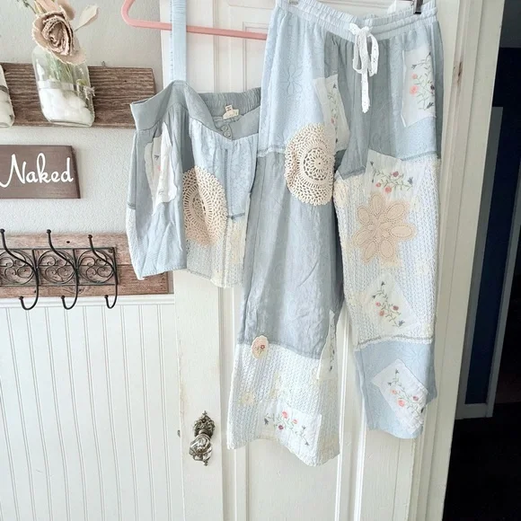 POL Wide Leg Patchwork Pants in Light Blue with Cream Accents - Picture 7 of 8